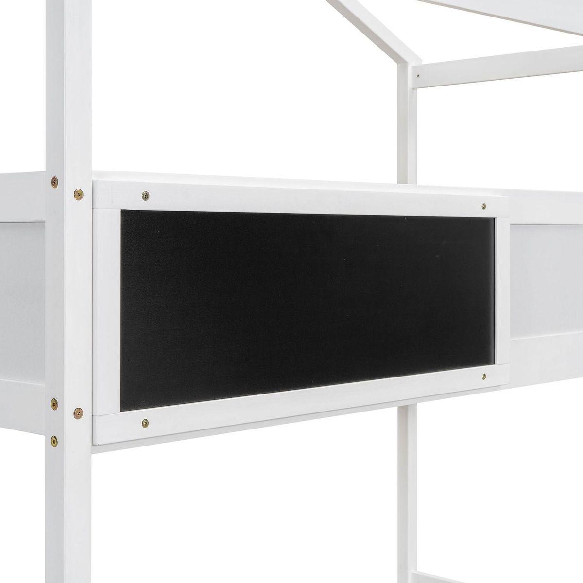 Twin over Full House Bunk Bed with Storage Staircase and Blackboard,White