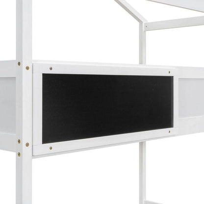 Twin over Full House Bunk Bed with Storage Staircase and Blackboard,White