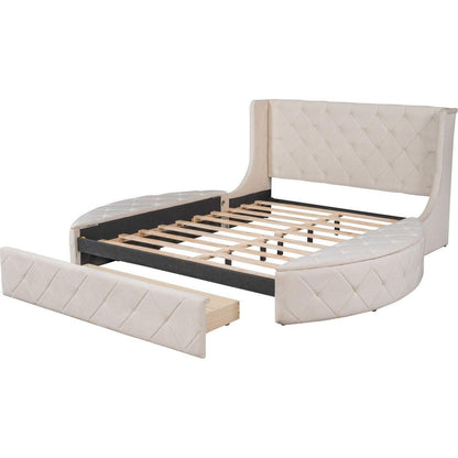 Upholstered Platform Bed Queen Size Storage Velvet Bed with Wingback Headboard and 1 Big Drawer,2 Side Storage Stool(Beige)