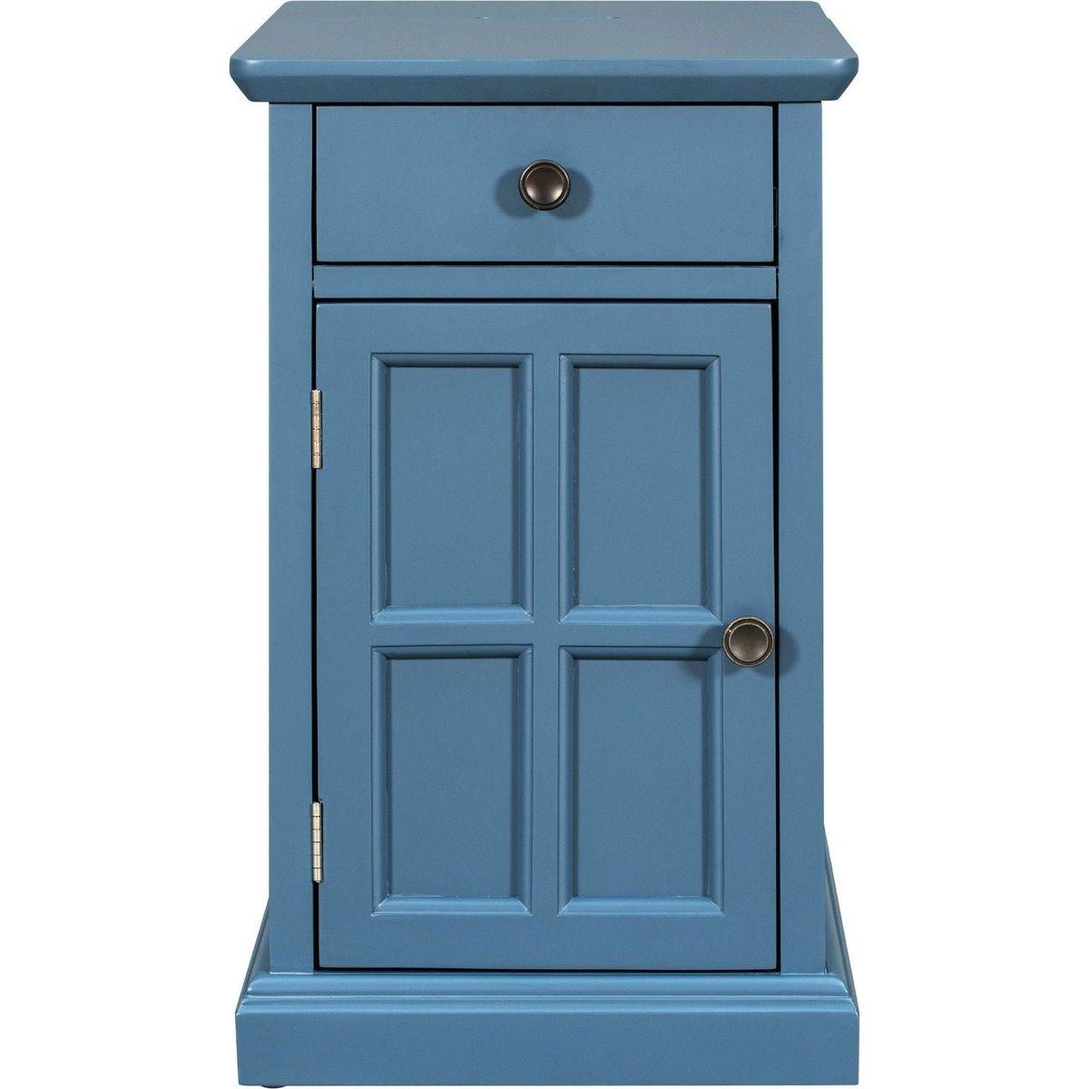 Classic Vintage Livingroom End Table Side Table with USB Ports and One Multifunctional Drawer with cup holders, Antique Navy - Streamdale Furniture