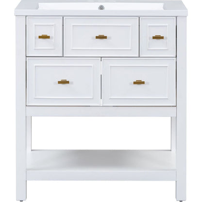 30" Bathroom Vanity with Resin Sink Combo, Free Standing Single Vanity Set with 5 Drawers, Solid Wood Frame Bathroom Storage Cabinet, White