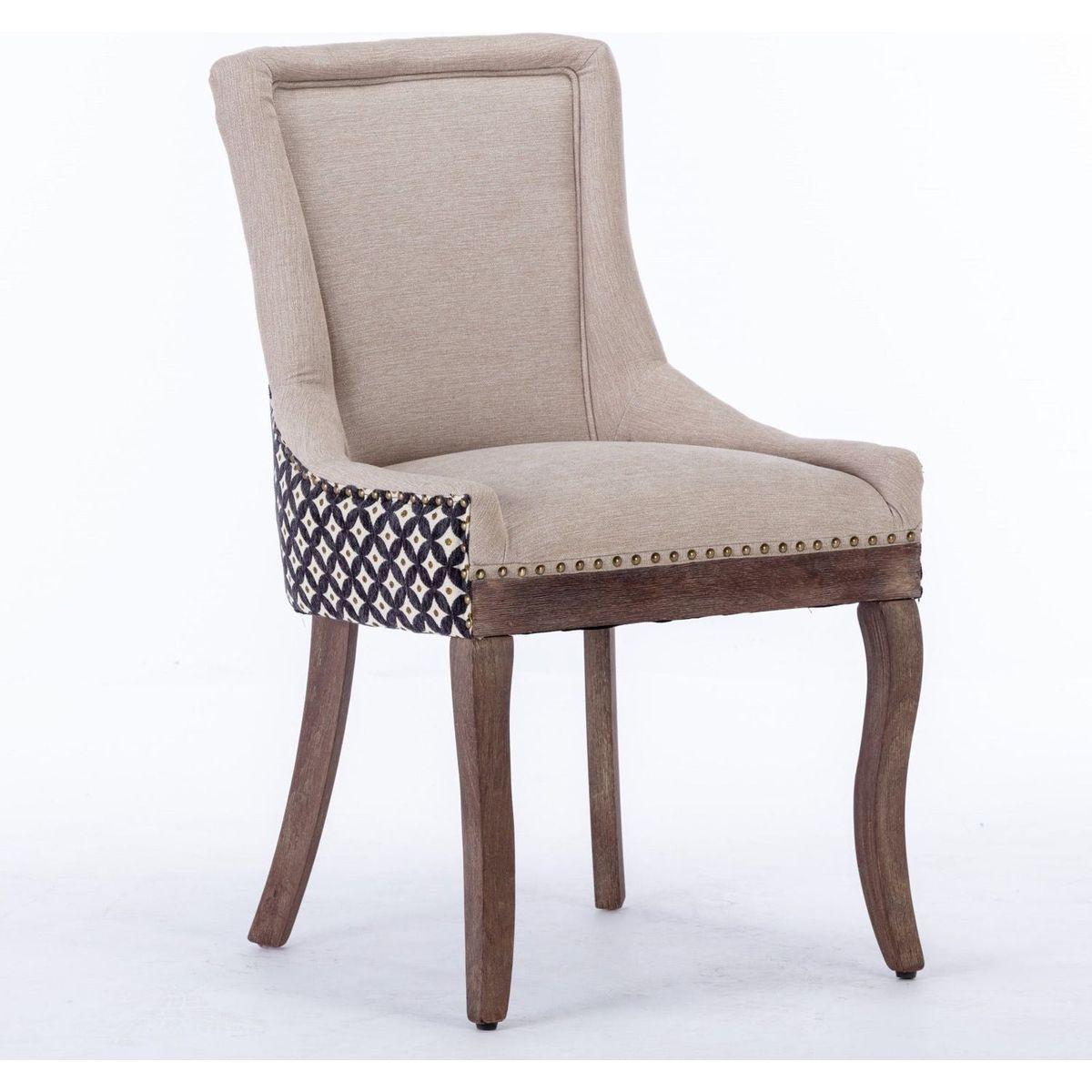 Ultra Side Dining Chair, Thickened fabric chairs with neutrally toned solid wood legs, Bronze nail head, Set of 2, Beige and Patterned