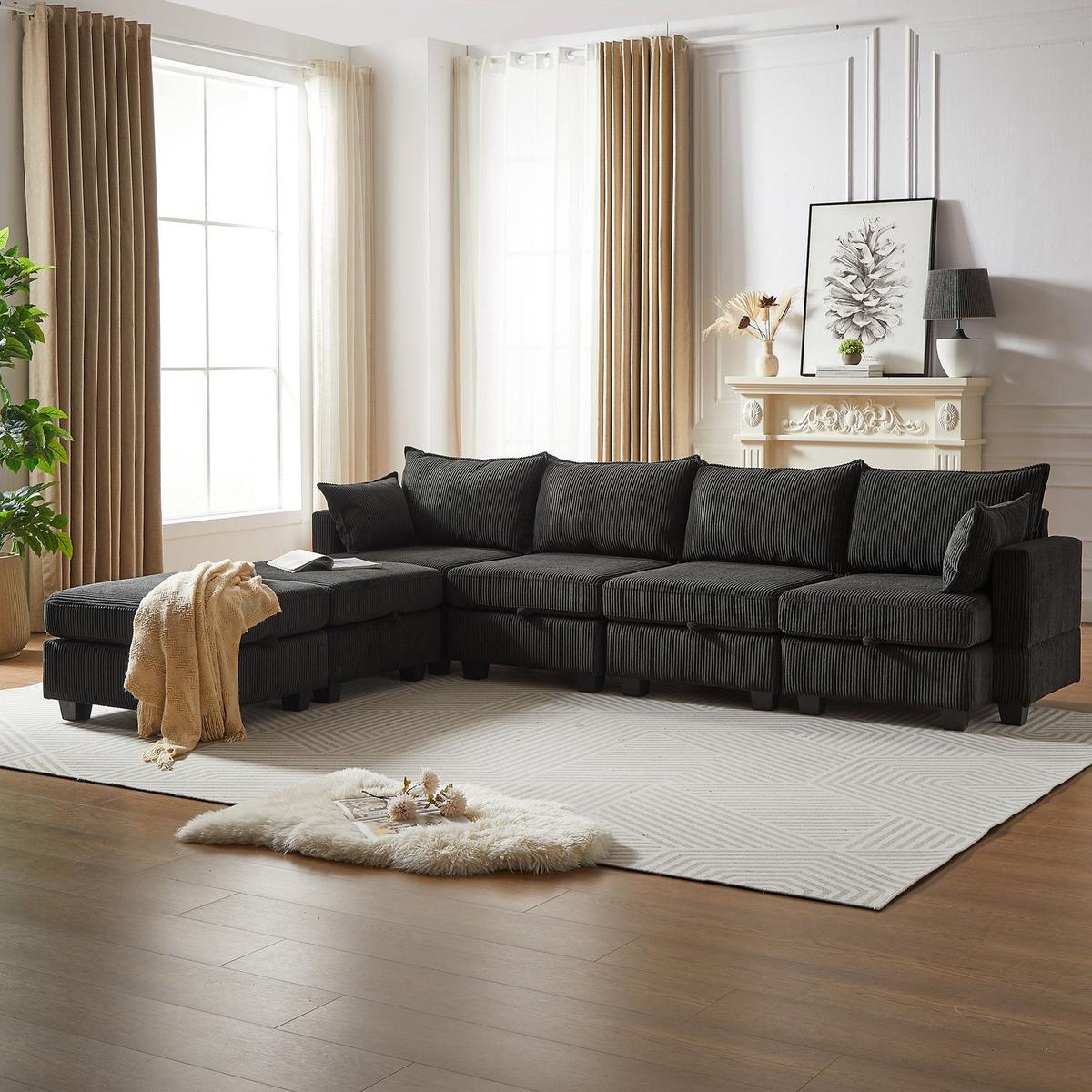 113.5" Modular Sectiona Corduroy Sofa, Sectional Couches for Living Room U Shaped Sectional Couch with Storage Ottoman, 6 Seats Convertible Sectionals with Chaise