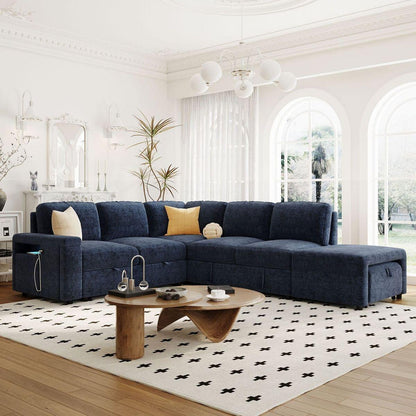 L-shaped Padded Modular Sofa with Storage Space, USB Ports, and Cup Holders on the Armrests, Suitable for Living Rooms, Offices, and Apartments.