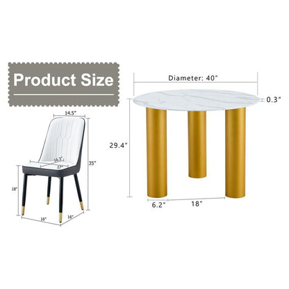 Table and chair set, round table with white marble pattern, gold MDF table legs, soft and comfortable dining chair, suitable for kitchen and living room