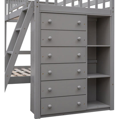 Wooden Twin Over Full Bunk Bed With Six Drawers And Flexible Shelves,Bottom Bed With Wheels,Gray