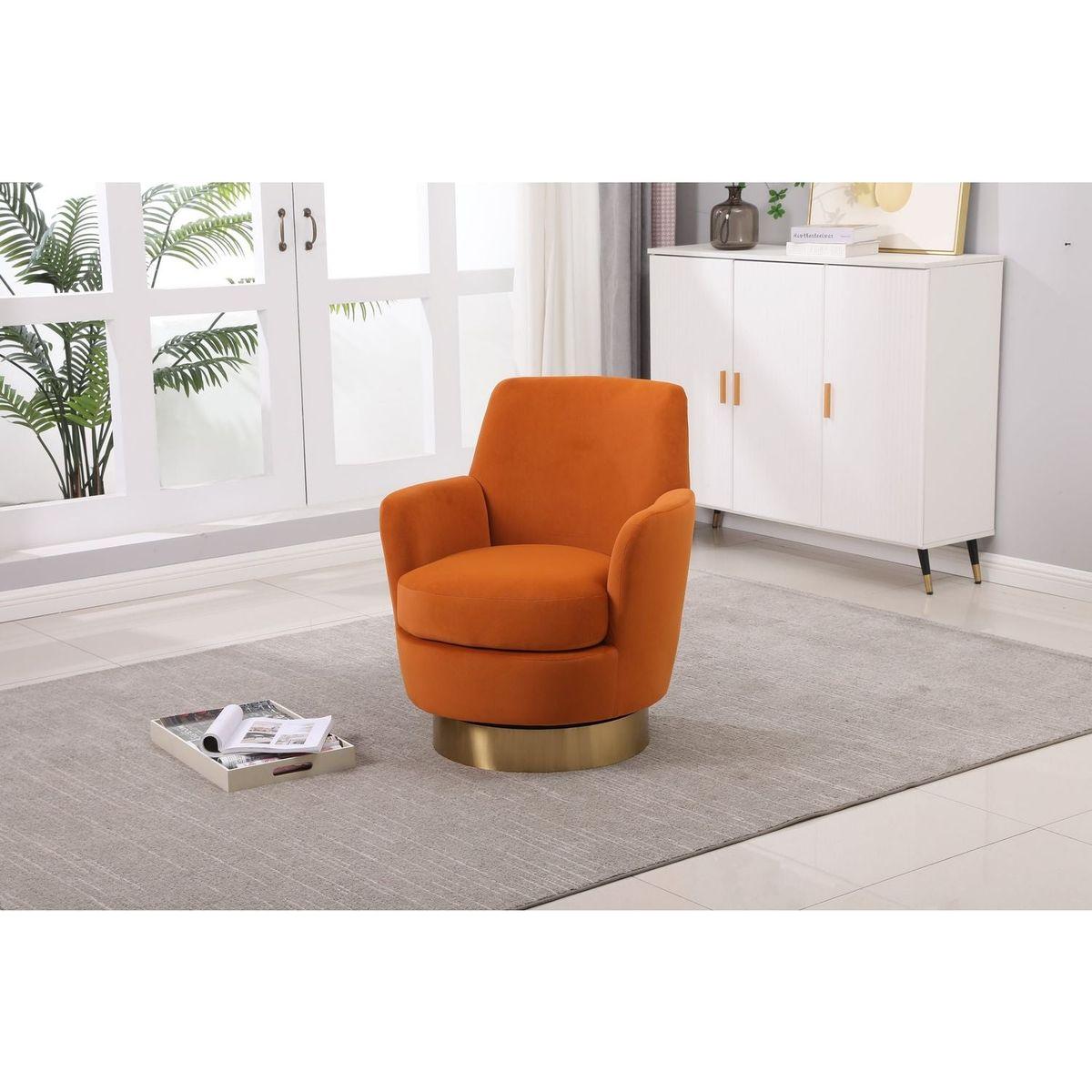 Velvet Swivel Barrel Chair, Swivel Accent Chairs Armchair for Living Room, Reading Chairs for Bedroom Comfy, Round Barrel Chairs with Gold Stainless Steel Base (Orange)