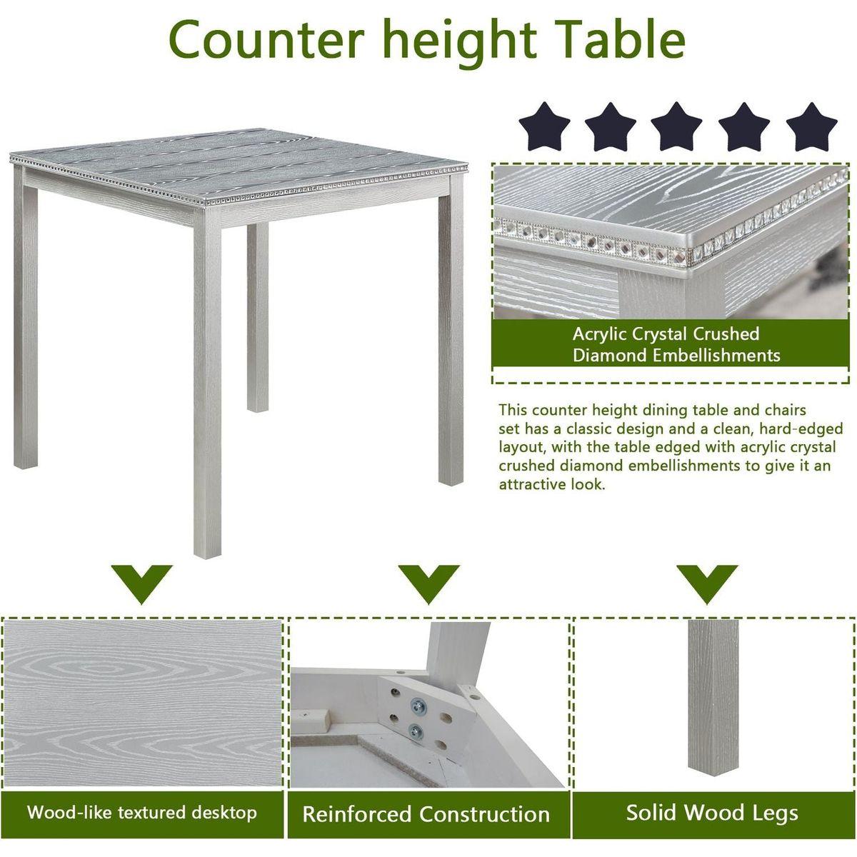 5 Piece Counter Height Table Set, Wooden Kitchen Table Set with Square Table and 4 Upholstered Chairs, Counter Height Dining Table with Crystal Decoration and Chair Set for Kitchen, Dining Room,Gray