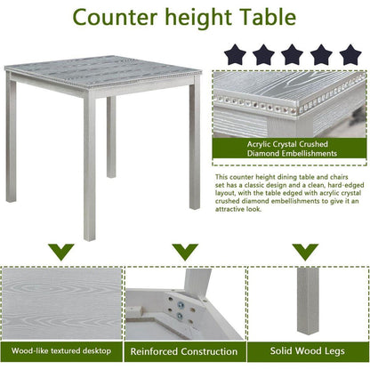 5 Piece Counter Height Table Set, Wooden Kitchen Table Set with Square Table and 4 Upholstered Chairs, Counter Height Dining Table with Crystal Decoration and Chair Set for Kitchen, Dining Room,Gray