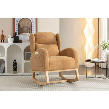 Teddy Fabric Rocking Chair With Packet Wood Legs,Khaki