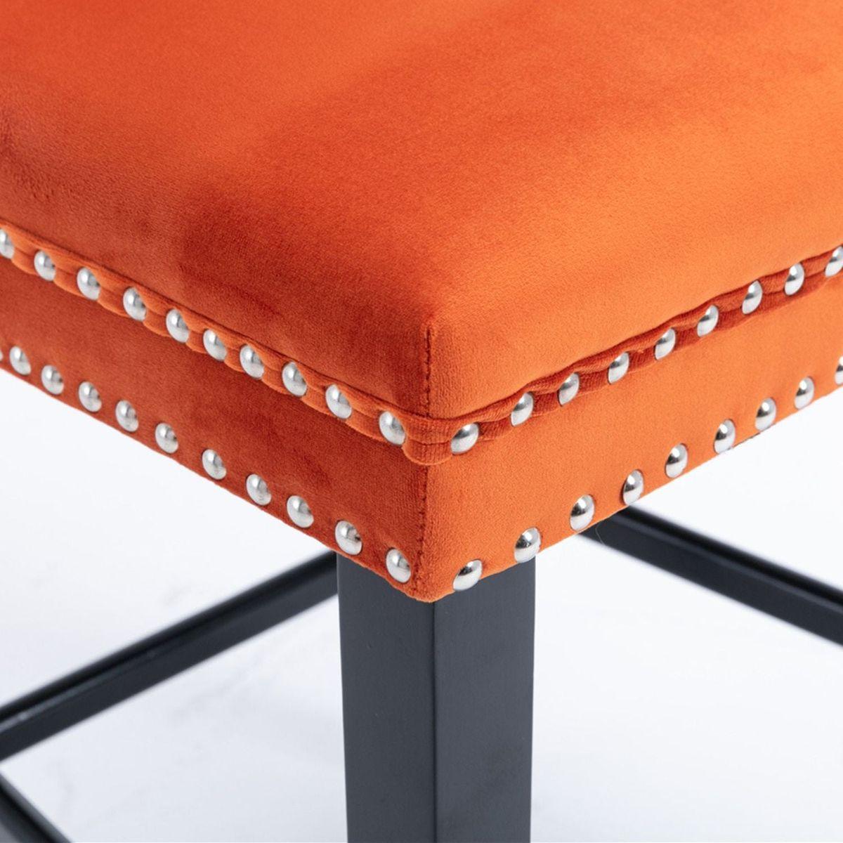 Contemporary Velvet Upholstered Barstools with Button Tufted Decoration and Wooden Legs, and Chrome Nailhead Trim, Leisure Style Bar Chairs,Bar stools, Set of 2 (Orange)