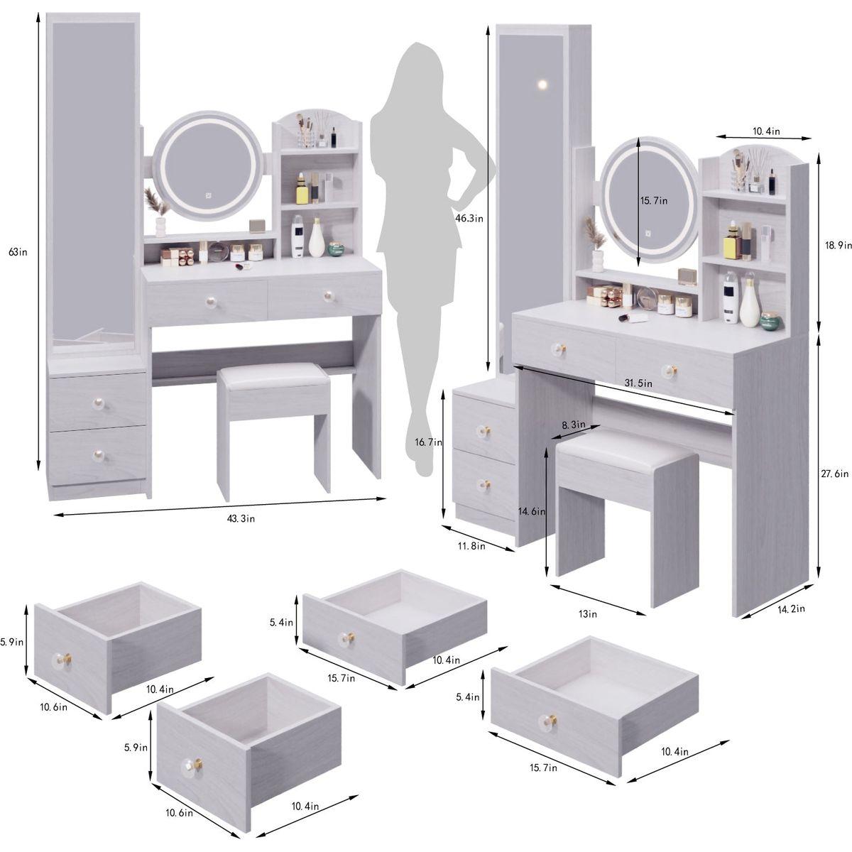 Full Body Mirror Cabinet + Round Mirror LED Vanity Table + Cushioned Stool, With 2 AC + 2 USB Power Station,17" diameter LED Mirror, Touch Control, 3-color, Brightness adjustable, Large desktop