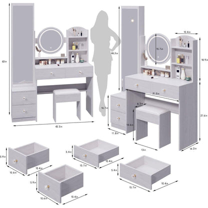 Full Body Mirror Cabinet + Round Mirror LED Vanity Table + Cushioned Stool, With 2 AC + 2 USB Power Station,17" diameter LED Mirror, Touch Control, 3-color, Brightness adjustable, Large desktop