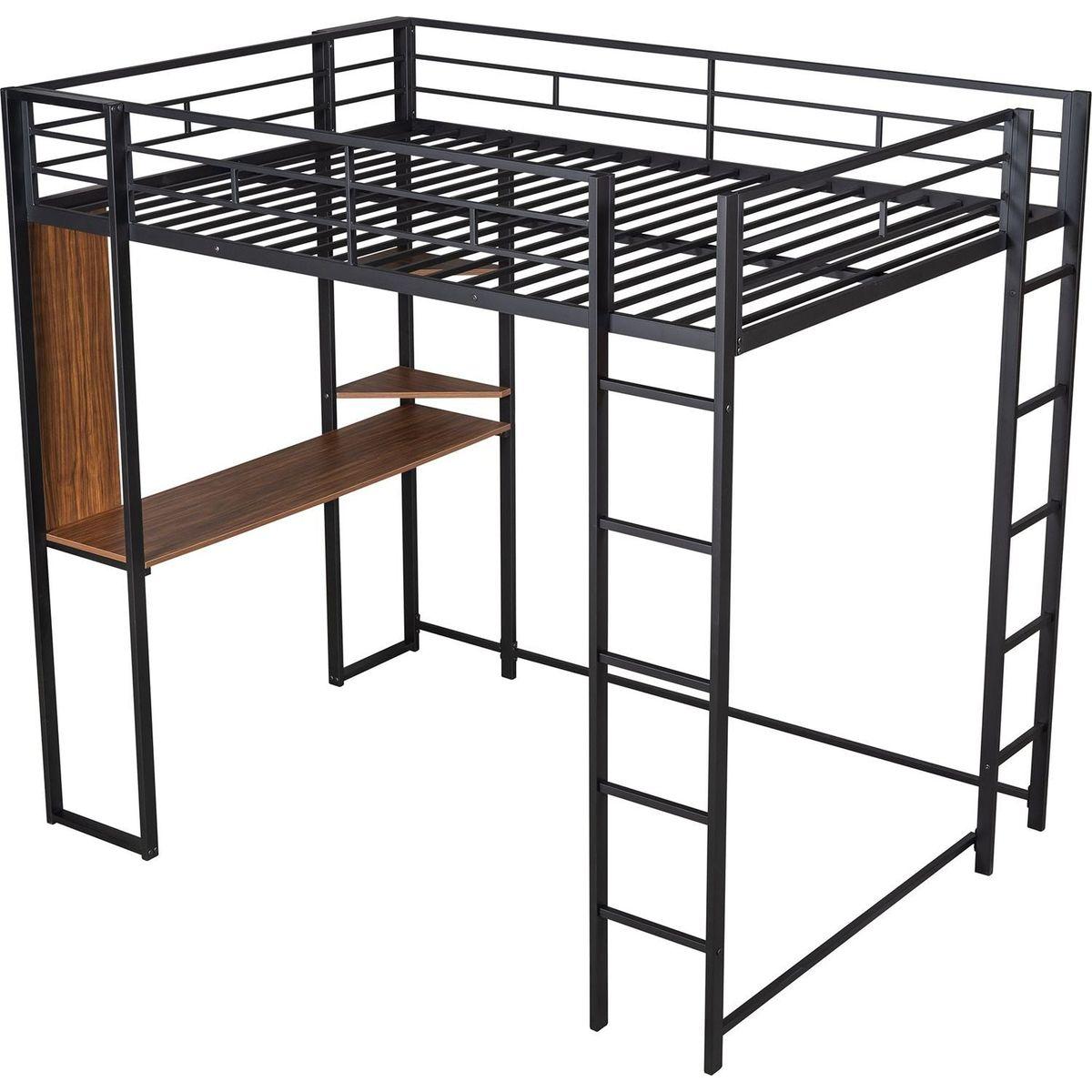 Full Size Metal Loft Bed with 2 Shelves and one Desk, Black