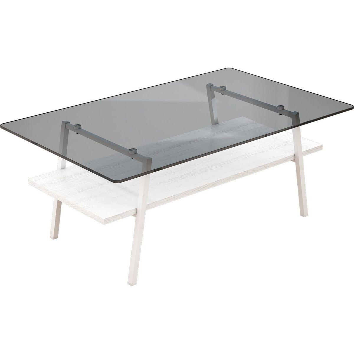 Rectangle Coffee Table, Tempered Glass Tabletop with White Metal Legs, Modern Table for Living Room, Gray Glass