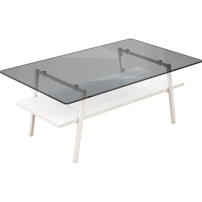 Rectangle Coffee Table, Tempered Glass Tabletop with White Metal Legs, Modern Table for Living Room, Gray Glass
