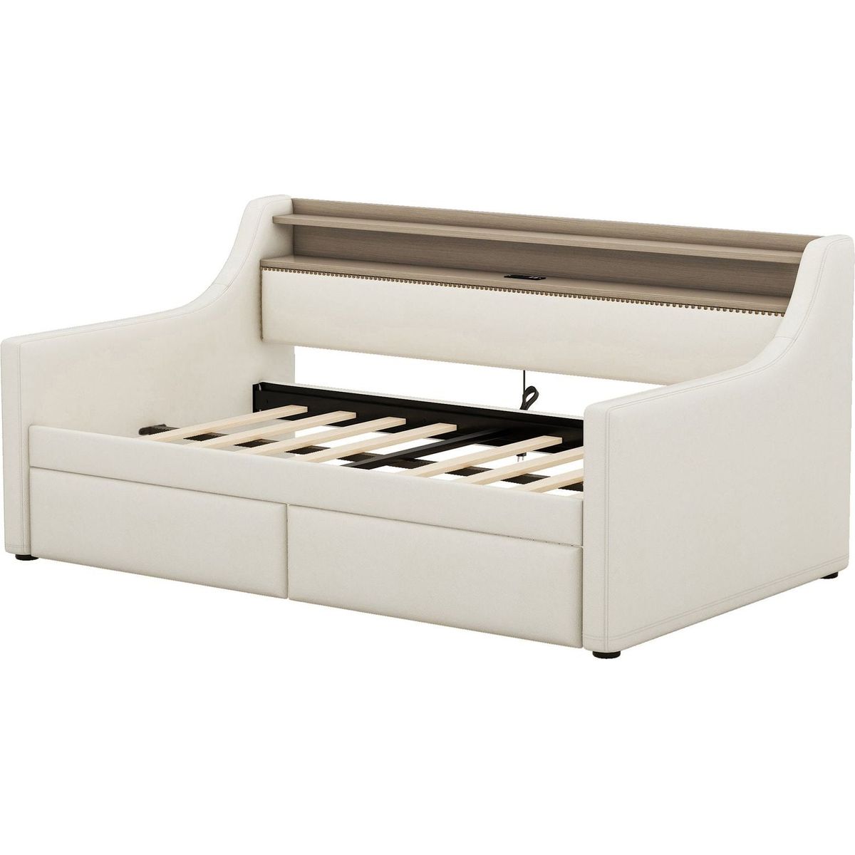 Twin Size Daybed with Storage Drawers, Upholstered Daybed with Charging Station and LED Lights, Beige
