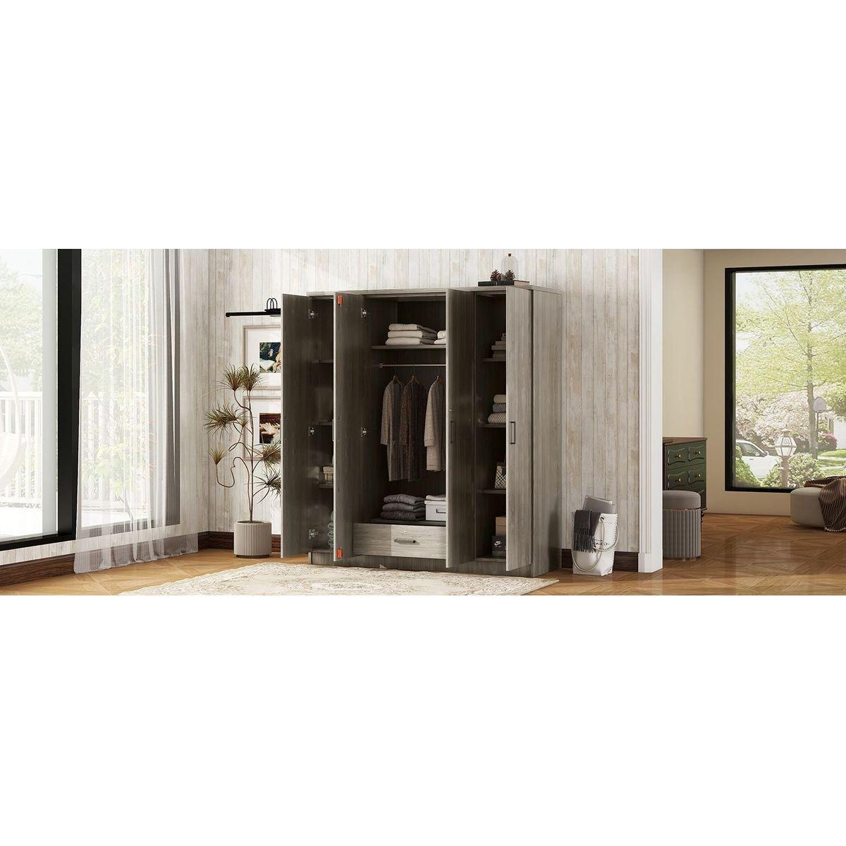 4-Door Wardrobe with 1 Drawer, Gray