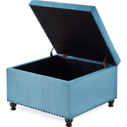 Large square storage ottoman with wooden legs, Upholstered button tufted coffee table with nail trims,Light Blue