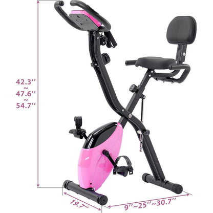 Folding Exercise Bike, Fitness Upright and Recumbent X-Bike with 16-Level Adjustable Resistance, Arm Bands and Backrest