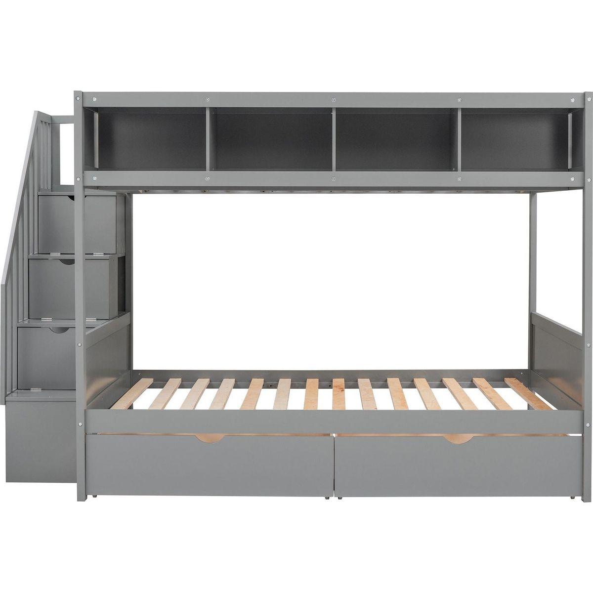 Twin over Full Bunk Bed with Shelfs, Storage Staircase and 2 Drawers, Gray