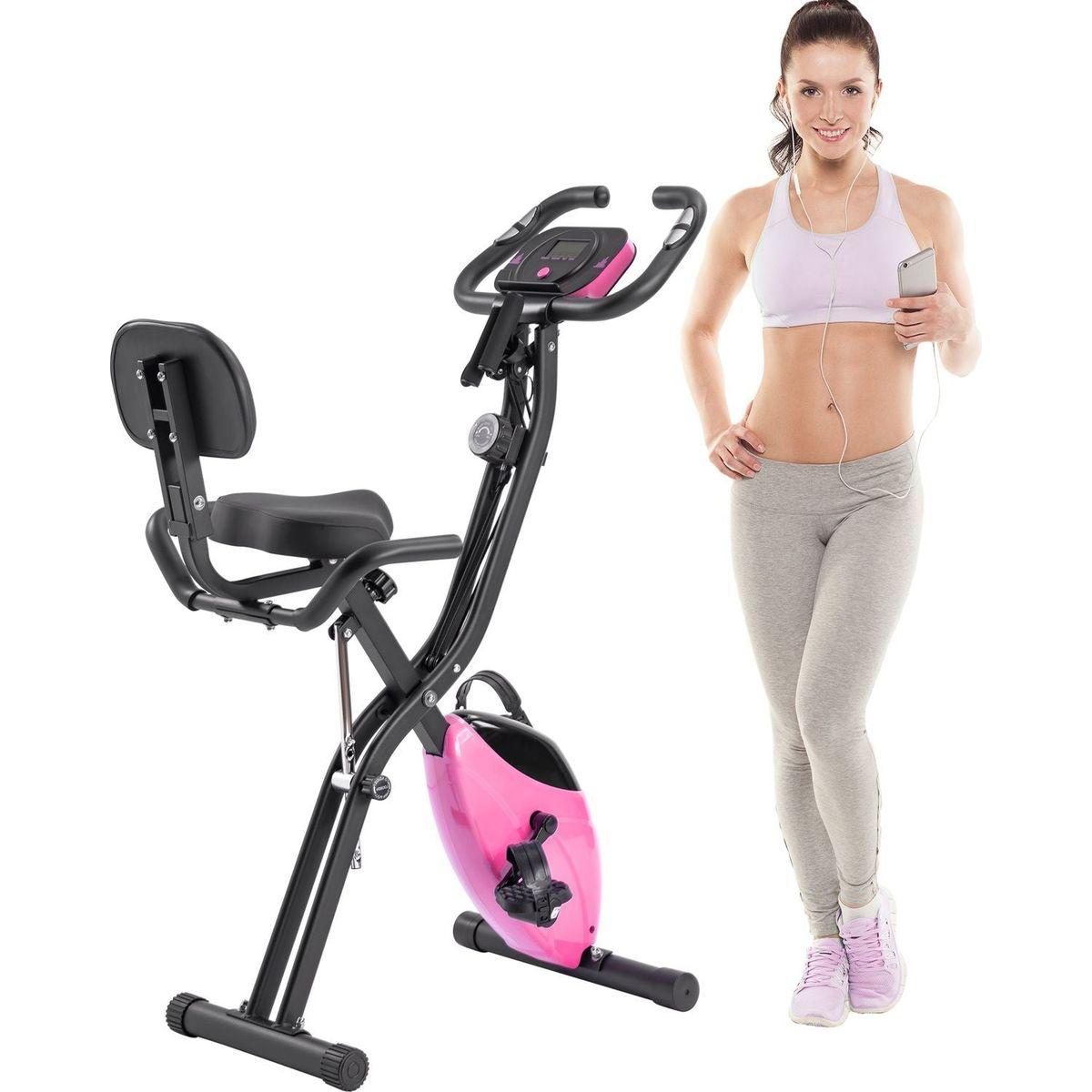 Folding Exercise Bike, Fitness Upright and Recumbent X-Bike with 16-Level Adjustable Resistance, Arm Bands and Backrest