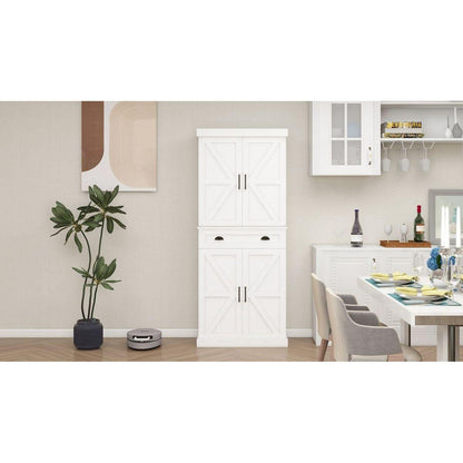 71" Kitchen Pantry Storage Cabinet with 4 Doors(2Doors with Racks),1 Drawer, 2 Adjustable Shelves, Freestanding Cupboard for Kitchen, Dining Room and Living Room-White