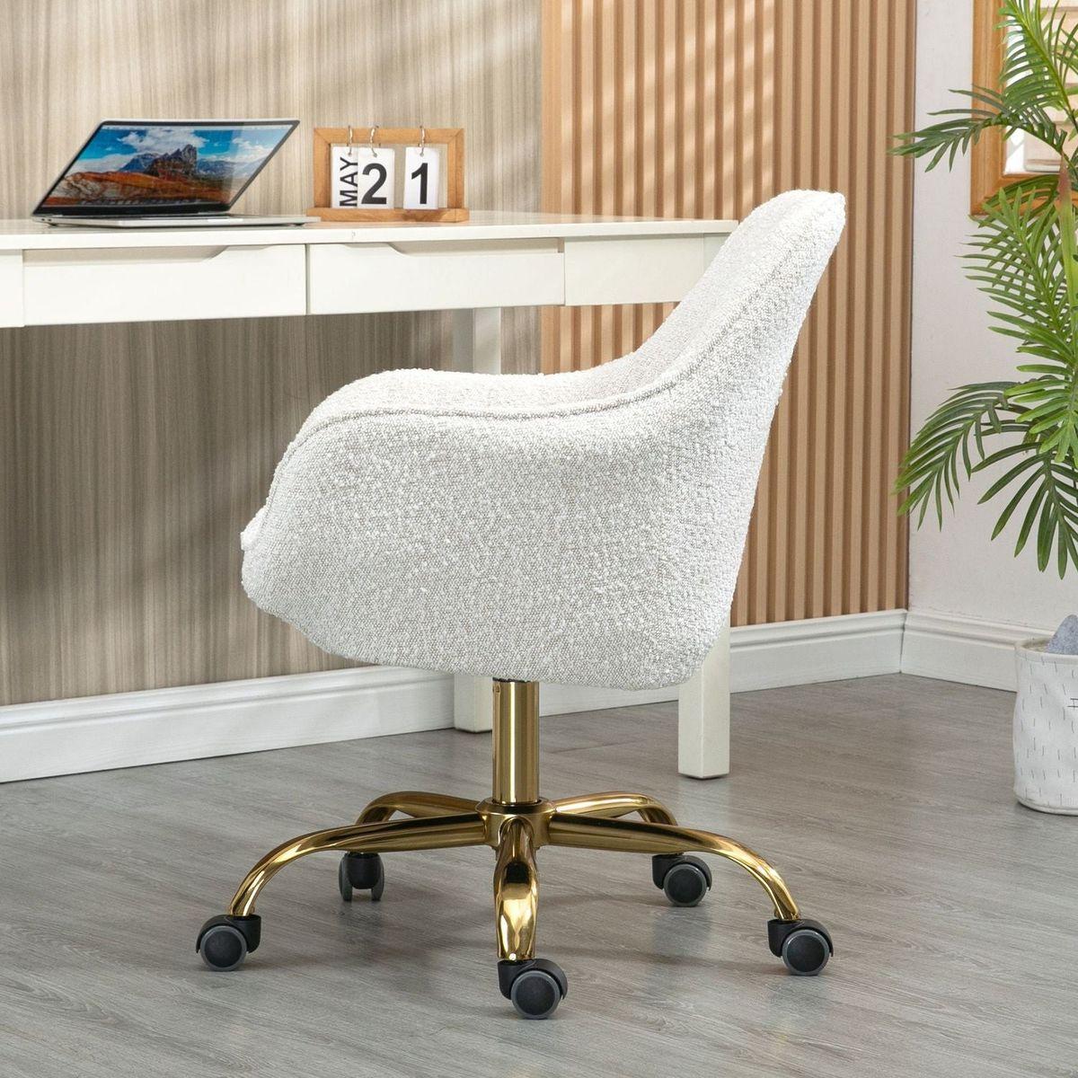 360 Beige Boucle Fabric Swivel Chair With High Back, Adjustable Working Chair With Golden Color Base