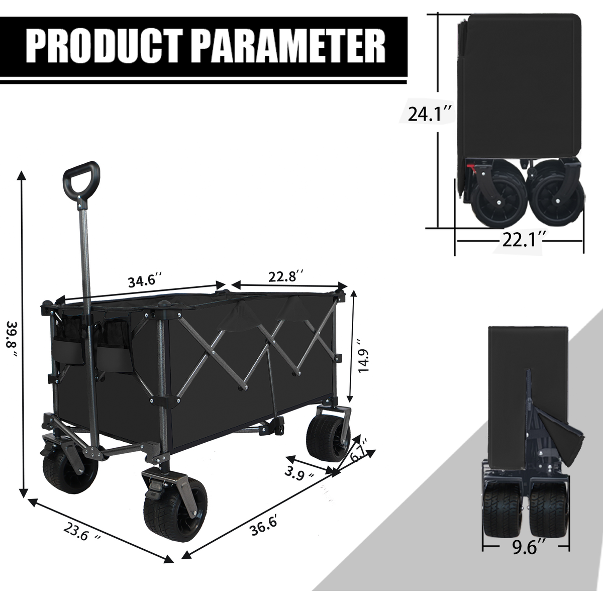 Collapsible Folding Wagon, Push Pull Foldable Beach Wagon Cart