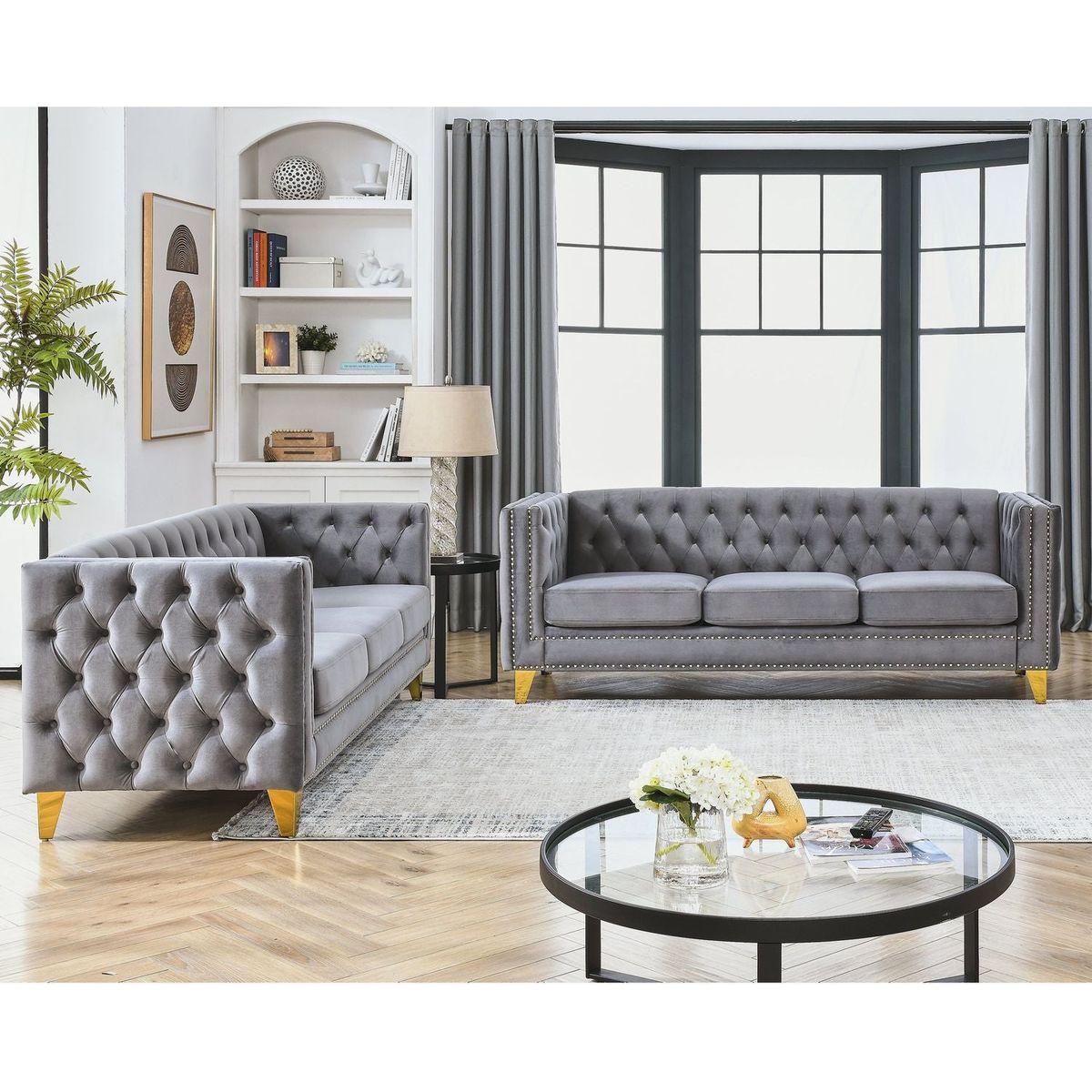 Velvet Sofa for Living Room,Buttons Tufted Square Arm Couch, Modern Couch Upholstered Button and Metal Legs, Sofa Couch for Bedroom, Grey Velvet .2PCS