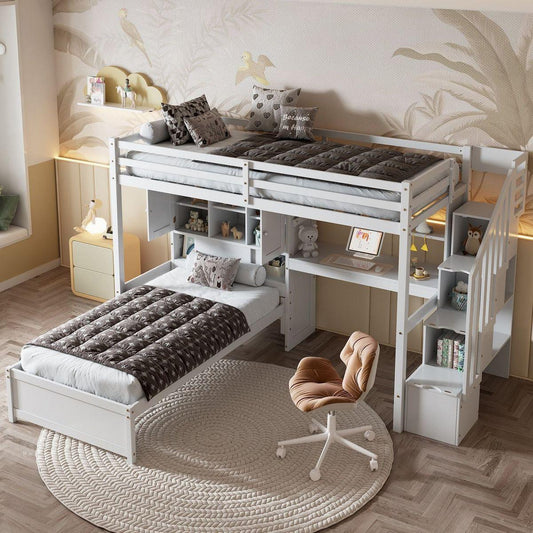Twin over Twin Loft Bed with Built-in Desk and Staircase, With Storage Compartments and Shelves, White