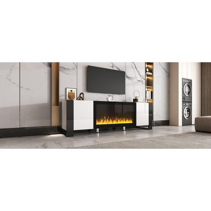 Modern TV Stand with 34.2" Non-heating Electric Fireplace, High Gloss Entertainment Center with 2 Cabinets, Media Console for TVs up to 78", White