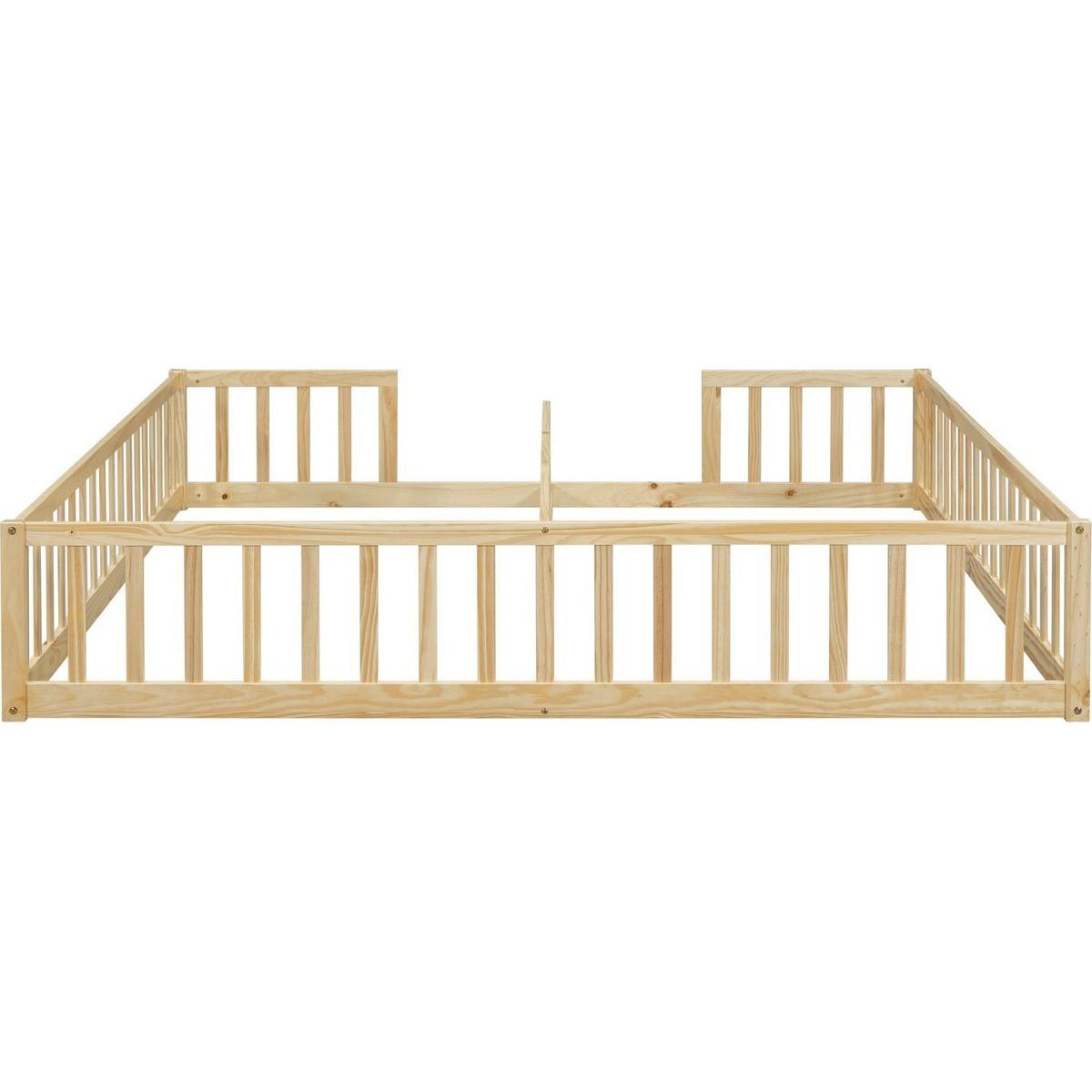 Double Twin Floor Bed with Fence, Guardrails, without door, Natural