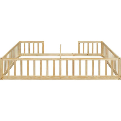 Double Twin Floor Bed with Fence, Guardrails, without door, Natural