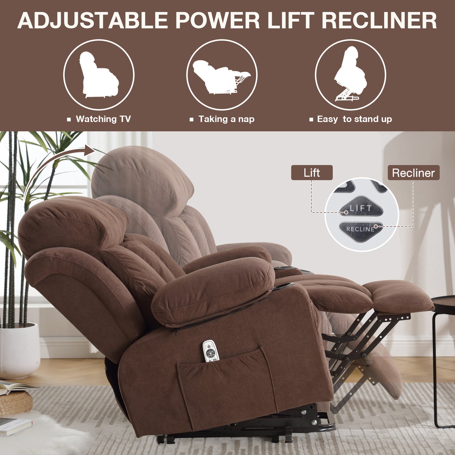 Power Lift Recliner Chair with Heat and Massage Electric Fabric Recliner Chair for Elderly with Side Pocket, USB Charge Port, Remote Control for Living Room (BROWN)A+B