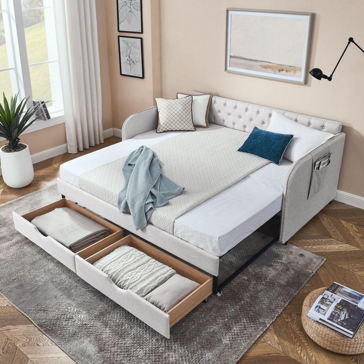 Twin Size Upholstery Daybed with Trundle Bed and Two Storage Drawers, Flat Arms with Pocket, Extendable Daybed for Bedroom Living Room,Linen Beige
