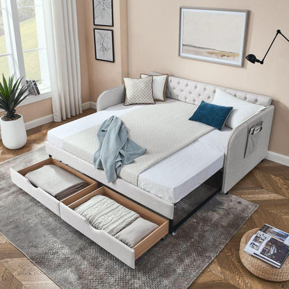 Twin Size Upholstery Daybed with Trundle Bed and Two Storage Drawers, Flat Arms with Pocket, Extendable Daybed for Bedroom Living Room,Linen Beige