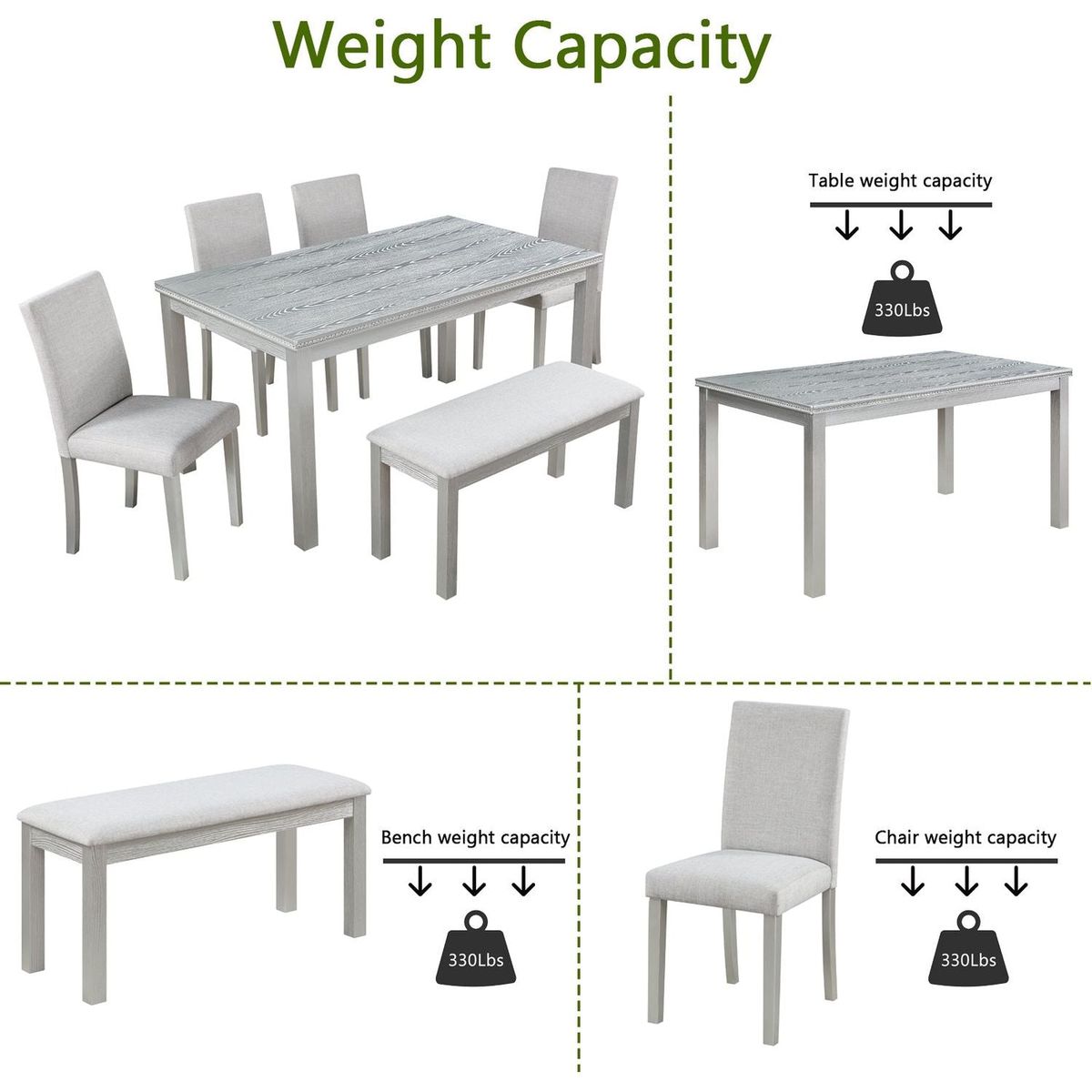 Wooden Dining Rectangular Table with Bench, Kitchen Table with Bench for Small Space, 6 Person Dining Table, Silver grey