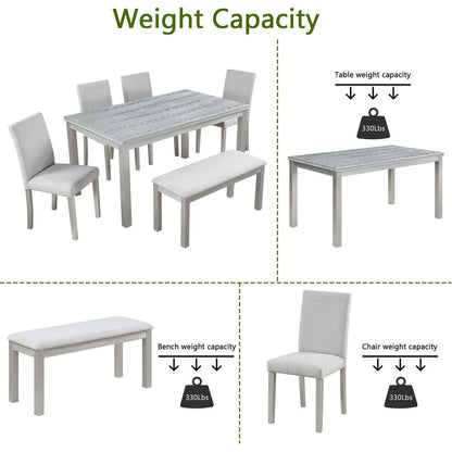 Wooden Dining Rectangular Table with Bench, Kitchen Table with Bench for Small Space, 6 Person Dining Table, Silver grey