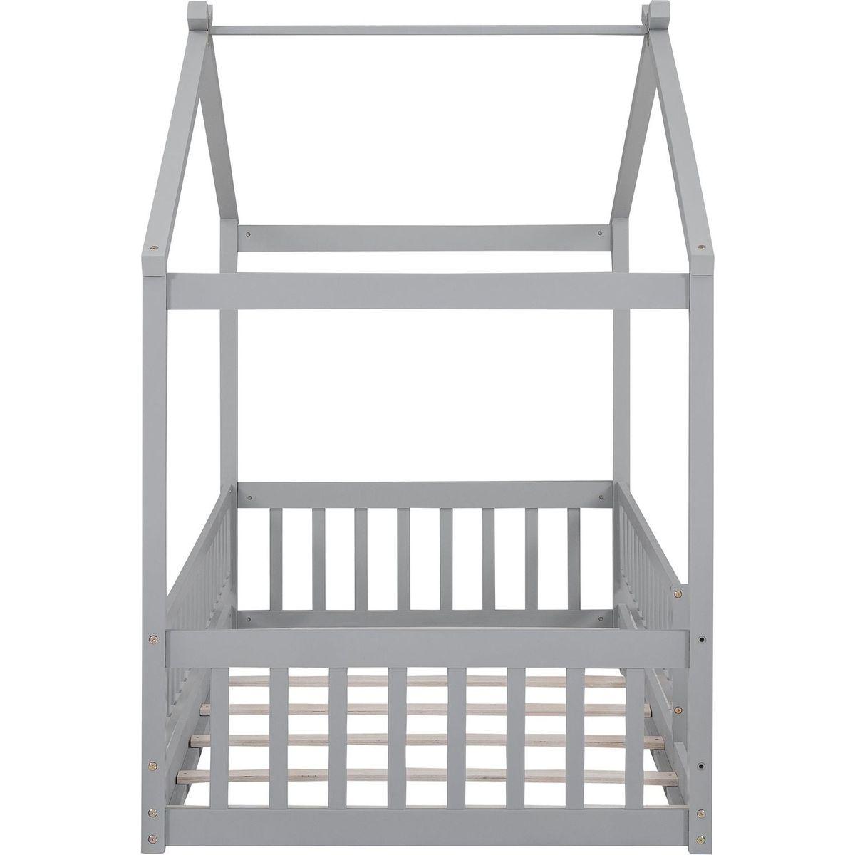 Twin Size Wood Bed House Bed Frame with Fence, for Kids, Teens, Girls, Boys, Gray