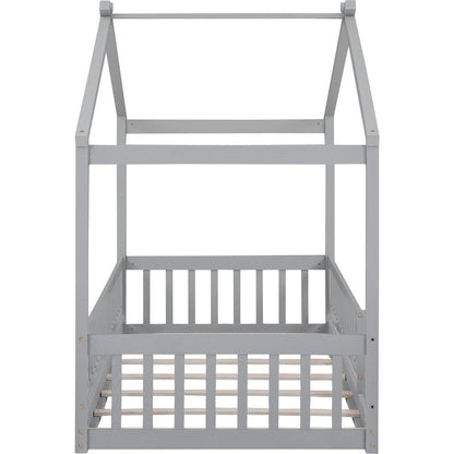 Twin Size Wood Bed House Bed Frame with Fence, for Kids, Teens, Girls, Boys, Gray
