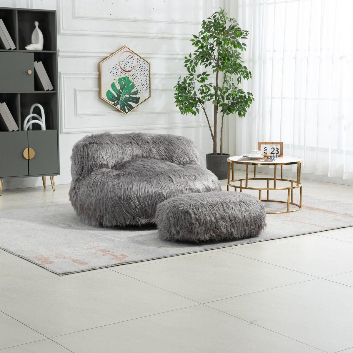 Bean Bag Chair Faux fur Lazy Sofa /Footstool Durable Comfort Lounger High Back Bean Bag Chair Couch for Adults and Kids, Indoor