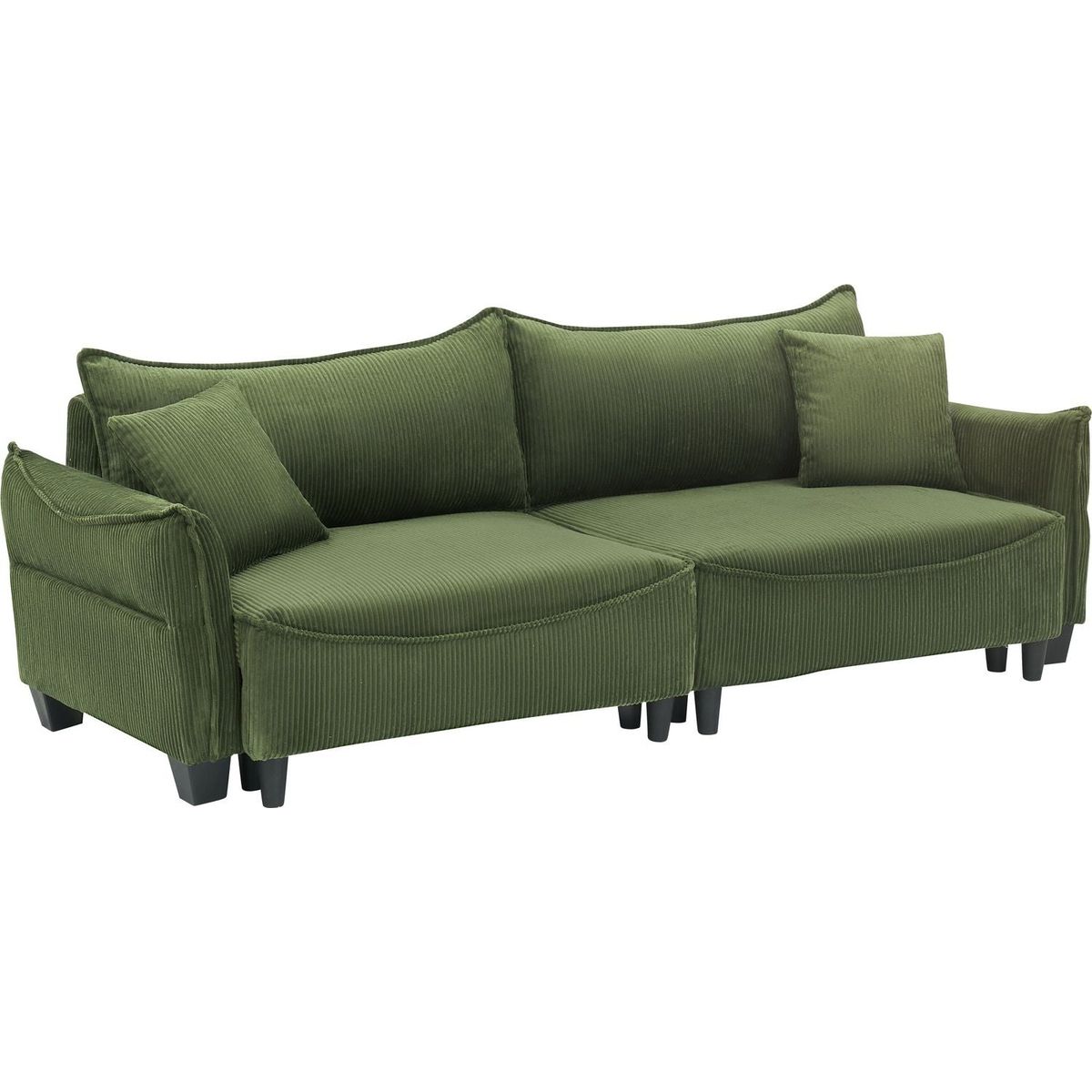 green corduroy fabric, sofa can be converted into a sofa bed with two throw pillows, suitable for living room and other scenes