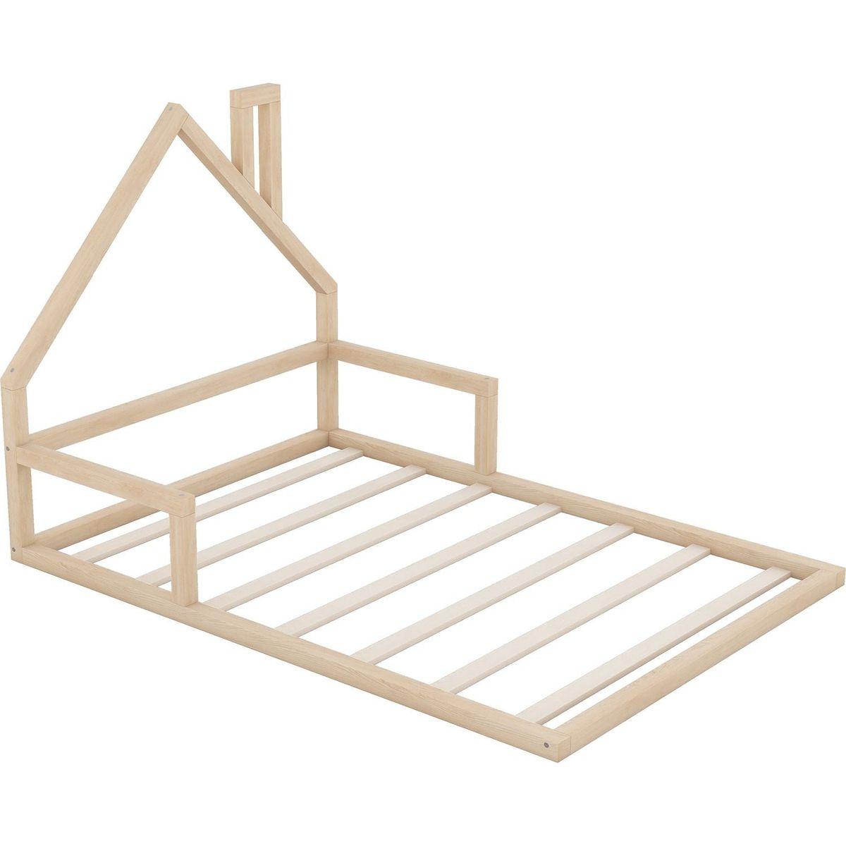 Full Size Wood Floor Bed with House-shaped Headboard, Natural
