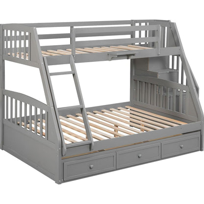 Twin-Over-Full Bunk Bed with Drawers氓Ladder and Storage Staircase, Gray