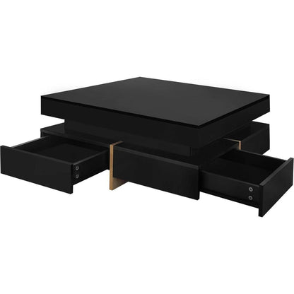 Modern High Gloss Coffee Table with 4 Drawers, Multi-Storage Square Cocktail Tea Table with Wood Grain Legs, Center Table for Living Room, 31.5"x31.5", Black