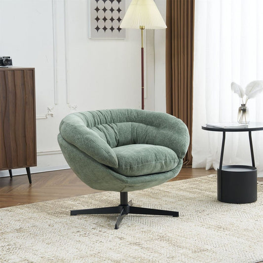 COMFY Chenille Upholstered 360掳 Swivel Club Chair/Accent Chair with Removable Cushion, Round Office Chair with Black Metal Base, Cotton Material, Living Room, Bedroom, Reading Corner, Office (Green)