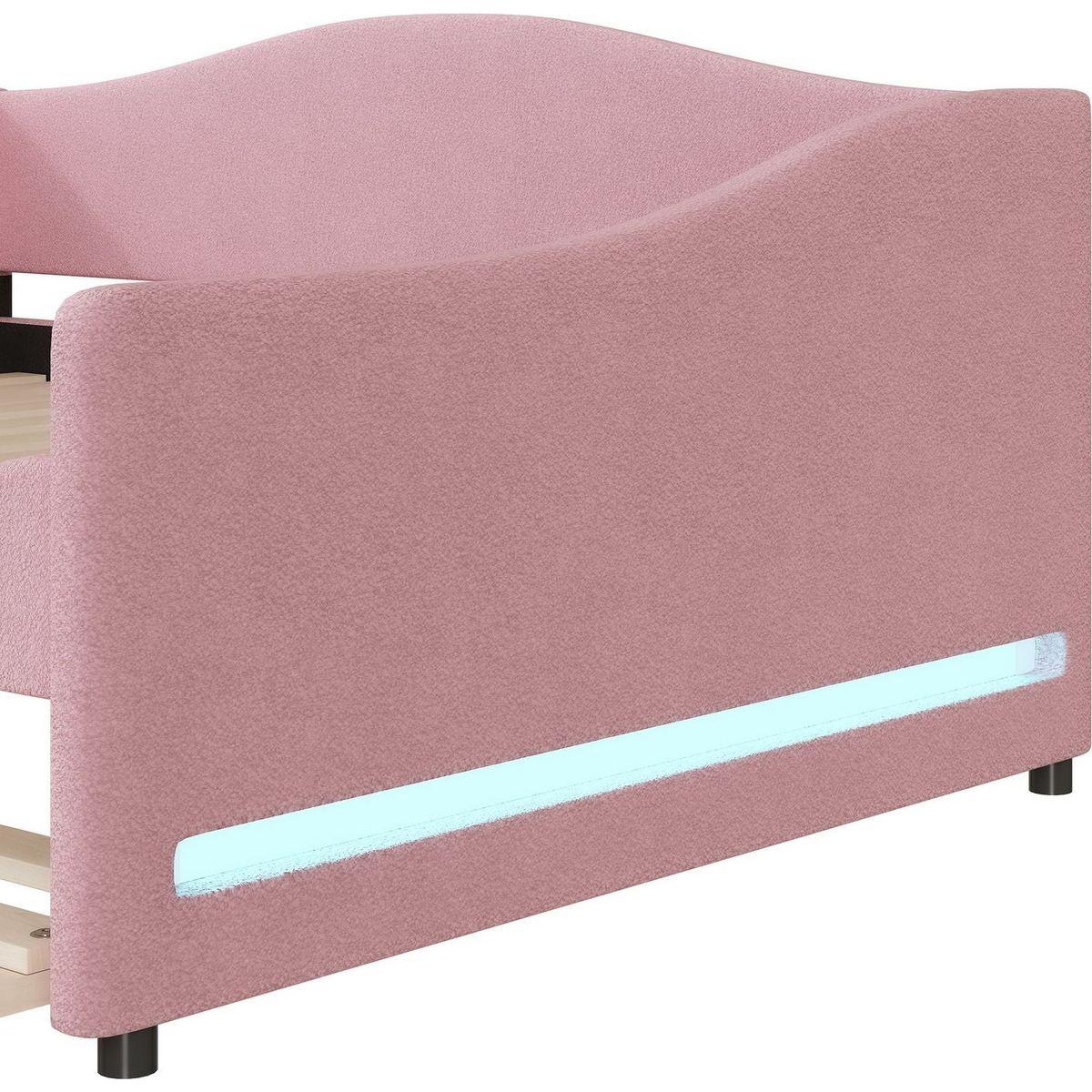 Teddy Fleece Full Size Upholstered Daybed with Light and Trundle, Pink