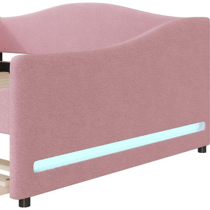 Teddy Fleece Full Size Upholstered Daybed with Light and Trundle, Pink