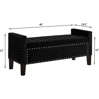 Upholstered Tufted Button Storage Bench with nails trim,Entryway Living Room Soft Padded Seat with Armrest,Bed Bench-Black